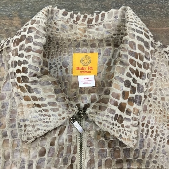 RUBY Rd. | Brown Faux Fur Crocodile Print Zipper Front Casual Jacket - Picture 2 of 4